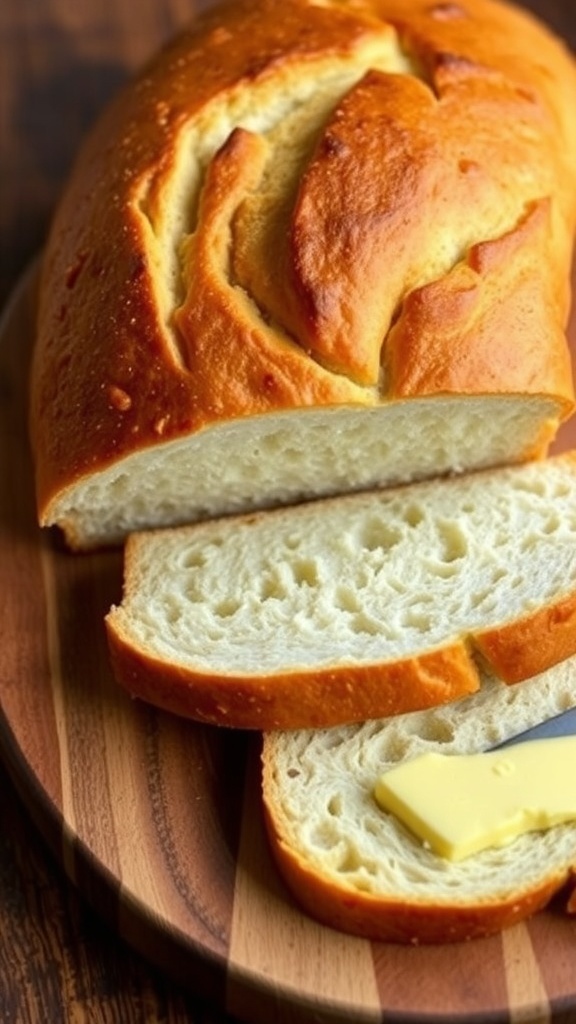 Freshly baked sandwich bread loaf, sliced, on a wooden board with butter.